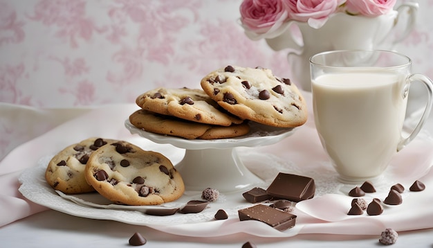 biscotti al cioccolato su un piatto con una tazza di latte e un piatto di cioccolatini