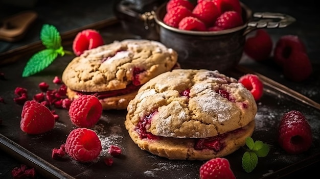 Biscotti al lampone con un mazzo di lamponi su un vassoio