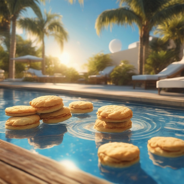 Biscotti al latte di burro che galleggiano su una piscina tropicale Festa dell'ora d'oro lussureggiante Ultra Hd realistico