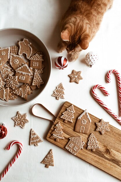 Biscotti allo zenzero fatti in casa stelle, abeti, case sul tagliere di legno, caramelle stick e bellissimo simpatico gatto rosso. Composizione in Natale vista piana e dall'alto.