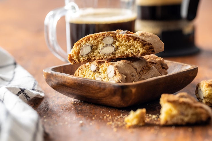Foto biscotti cantuccini italiani biscotti dolci secchi con mandorle su tavolo di legno