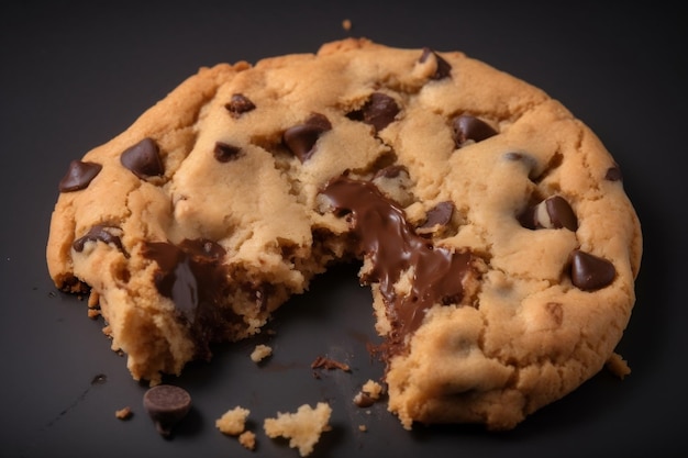 Biscotti con gocce di cioccolato e segni di morsi tagliati con sfondo bianco IA generativa