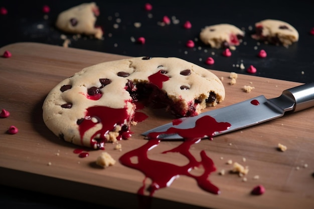 Biscotti con gocce di cioccolato e segni di morsi tagliati con sfondo bianco IA generativa