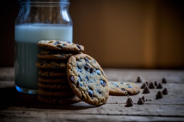 Biscotti con gocce di cioccolato e un barattolo di latte