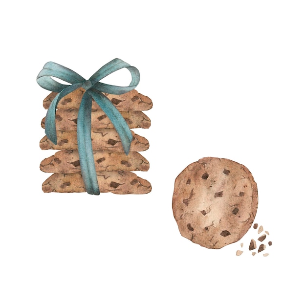 Biscotti con gocce di cioccolato in una pila con un fiocco blu e biscotti rotondi separatamente su uno sfondo bianco
