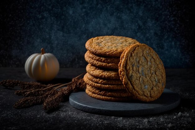 Biscotti da dessert a base di farina d'avena dal sapore dolce su uno sfondo scuro IA generativa