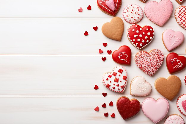 Biscotti decorati a forma di cuore sul tavolo di legno San Valentino