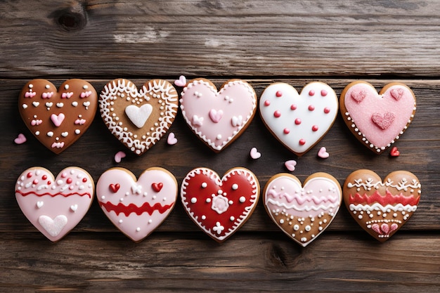 Biscotti decorati a forma di cuore sul tavolo di legno San Valentino