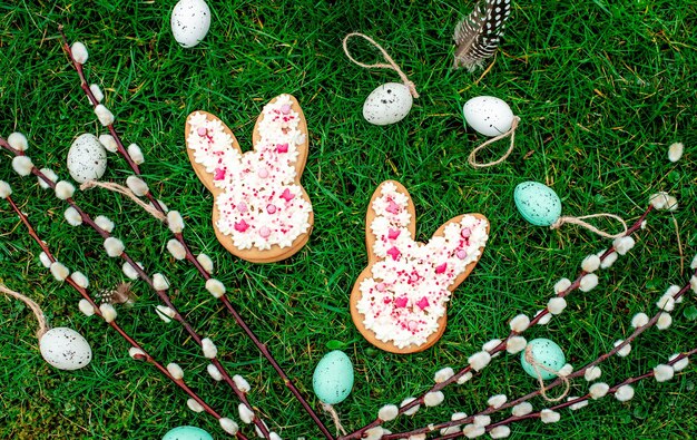 Biscotti del coniglietto di Pasqua sull'erba con le uova di Pasqua