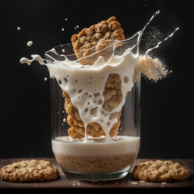 Biscotti di farina d'avena che cadono in un bicchiere di latte IA generativa