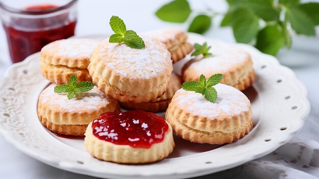 Biscotti di mandorle con marmellata di fragole su un piatto