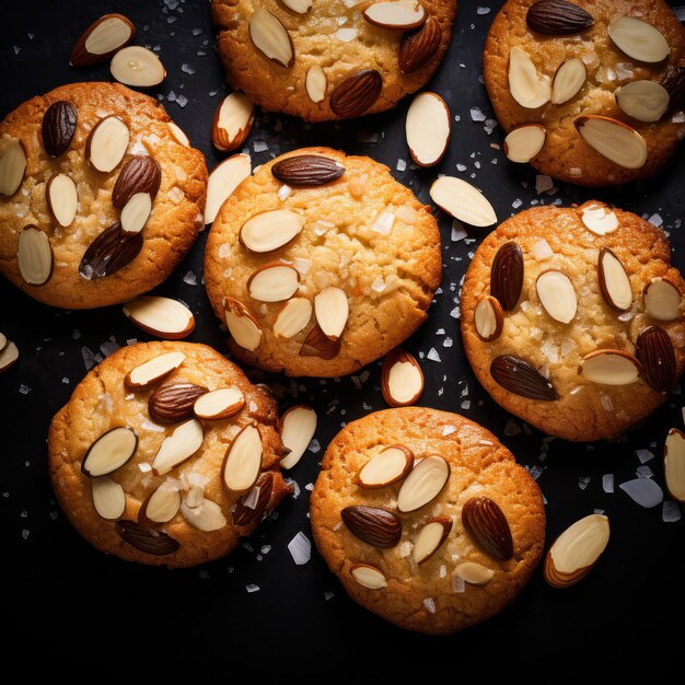 Biscotti di mandorle dolci su tavolo di legno nero sfondo nero vista superiore generativa Ai