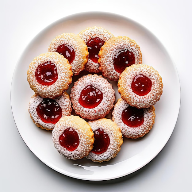 biscotti di marmellata rossa su piatto isolato bianco nello stile della fotografia aerea