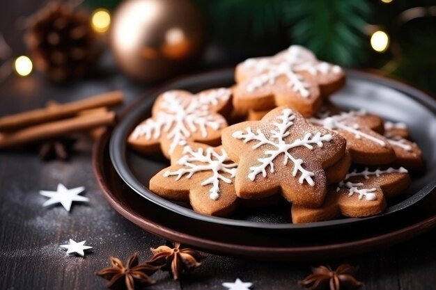 biscotti di Natale con decorazione festiva sul tavolo su un piatto