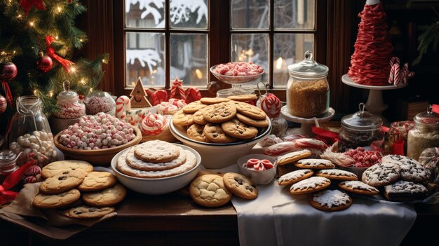 biscotti di Natale con decorazioni e dolci sul tavolo