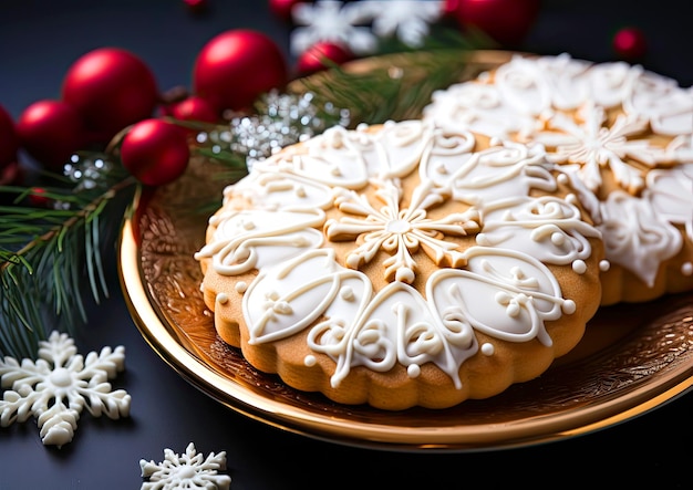 Biscotti di Natale coperti di glassa bianca su un piatto da vicino