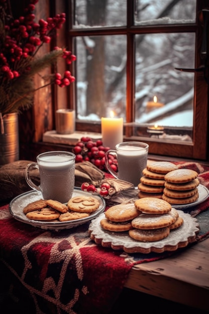 Biscotti di Natale e cioccolata calda su un tavolo accogliente creato con l'IA generativa