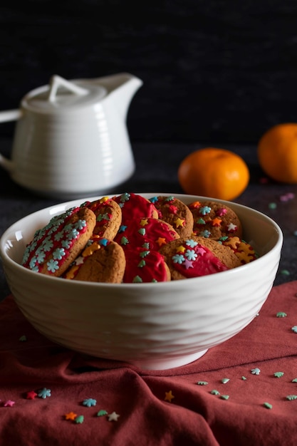 Biscotti di Natale mandarini una teiera su uno sfondo scuro con tessuti rossi