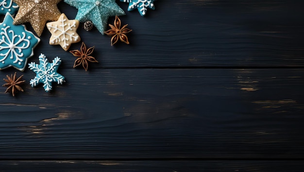 Biscotti di Natale su sfondo di legno nero Vista dall'alto con spazio per la copia