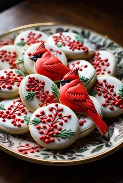 Biscotti di Natale su un piatto con il simbolo degli uccelli rossi