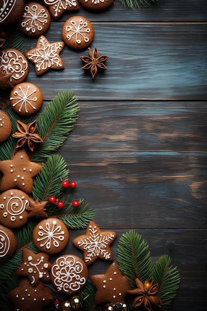 biscotti di Natale su un tavolo di legno con rami di abete