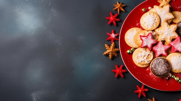 Biscotti di Natale su uno sfondo con vista dall'alto del piatto con spazio per la copia del testo