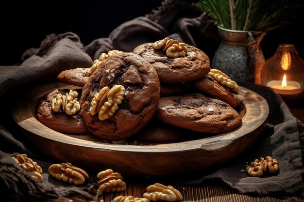 Biscotti di noci e cioccolato con noci intorno