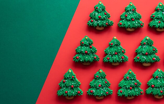 Biscotti di pan di zenzero a forma di albero di Natale ricoperti di glassa piatta