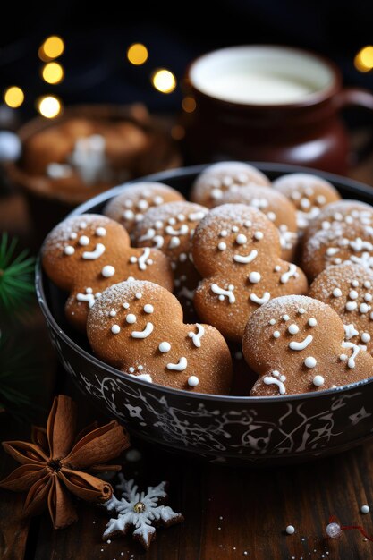 Biscotti di pan di zenzero di Capodanno a forma di uomo in un piatto biscotti di Natale fatti in casa