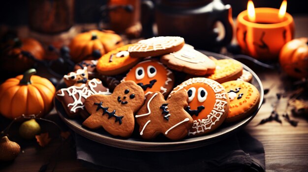 Biscotti di pan di zenzero di Halloween in piatto sulla tavola di legno