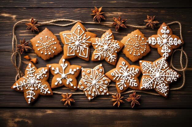 Biscotti di pan di zenzero di Natale su sfondo di legno scuro Vista superiore con spazio di copia