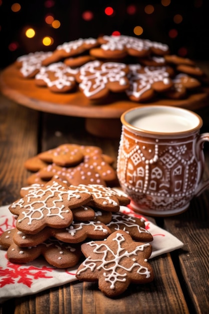 Biscotti di pan di zenzero e cioccolata calda su un tavolo di legno creato con l'IA generativa