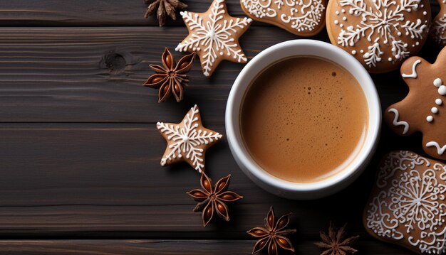 Biscotti di pan di zenzero fatti in casa di Natale e bastoncini di cannella Ginger man su sfondo di legno flatlay