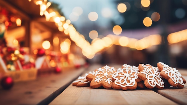 Biscotti di pan di zenzero su un tavolo di legno sullo sfondo delle luci del mercatino di Natale Design ai