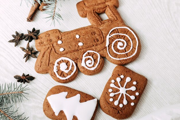 Biscotti di panpepato di Natale dipinti con zucchero a velo.