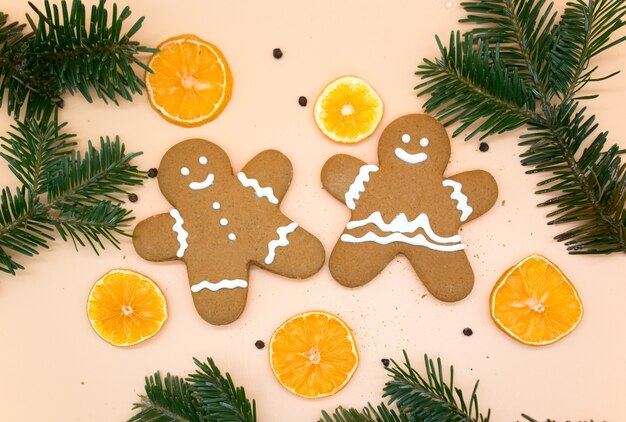 Biscotti di panpepato fatti in casa di Natale con fette d'arancia e rami di albero di natale