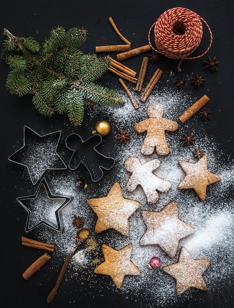 Biscotti di panpepato tradizionali vacanze di Natale cotti con zucchero in polvere, anice e bastoncini di cannella