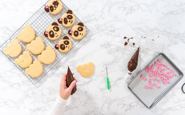 Biscotti di pasta frolla a forma di panda con glassa al cioccolato