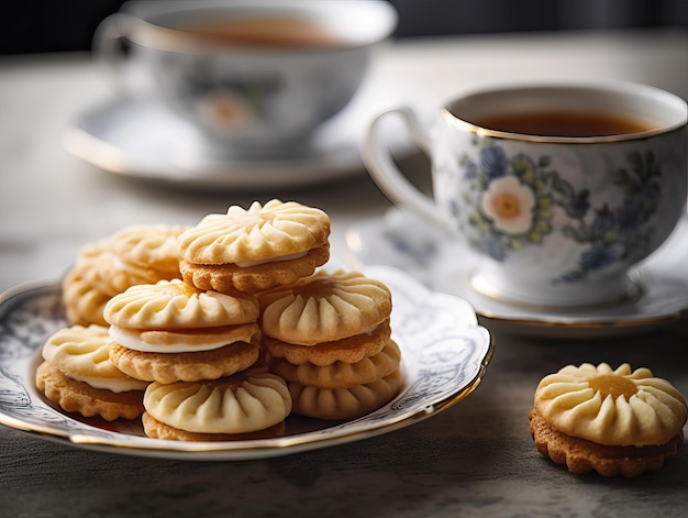 Biscotti di pasta frolla fatti in casa con frutta e tè sul tavolo IA generativa