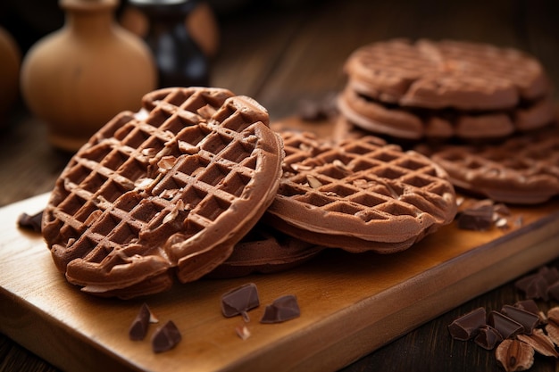 Biscotti di waffle al cioccolato su una tavola di legno