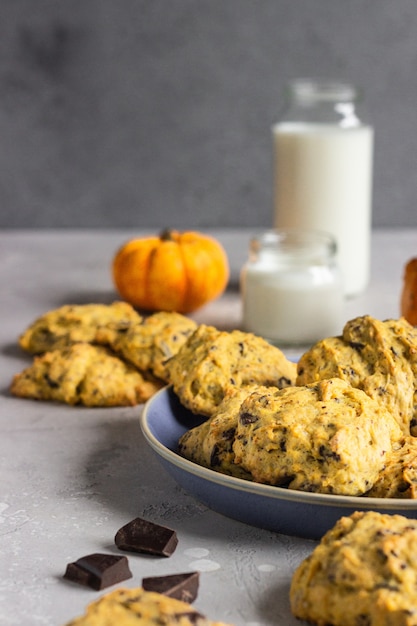 Biscotti di zucca appena sfornati con fiocchi d'avena e gocce di cioccolato. Spuntino salutare per colazione.