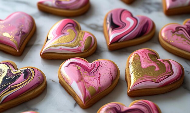 Biscotti di zucchero a forma di cuore marmellato per il giorno di San Valentino con glassa reale in rosa e oro