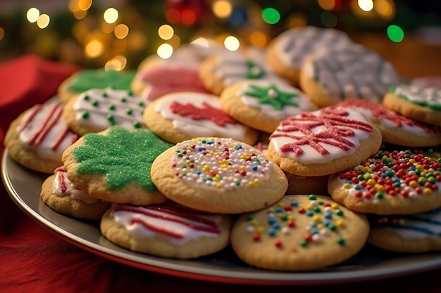 biscotti di zucchero decorati a mano, ciascuno unico e colorato, presentati in modo attraente su un vassoio natalizio