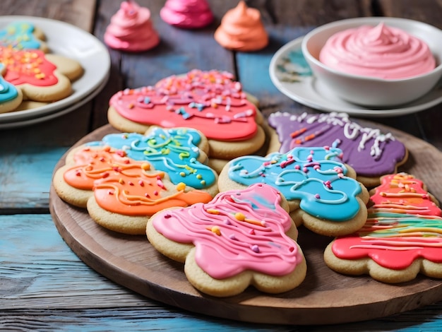 Biscotti di zucchero fatti in casa con glassa colorata su un tavolo di legno rustico