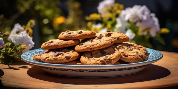 Biscotti dolci con schegge di cioccolato su uno sfondo di legno in un piatto AI generativa