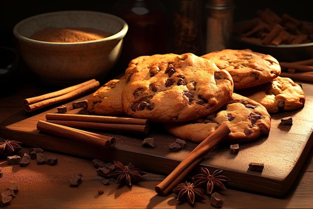 biscotti e biscotti su un tavolo con una ciotola di bastoncini di cannella.