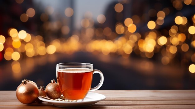 Biscotti e tazza di cioccolato caldo su un tavolo di legno vuoto su uno sfondo bokeh di Natale