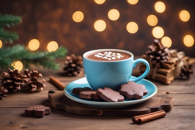 Biscotti e tazza di cioccolato caldo su un tavolo di legno vuoto su uno sfondo bokeh di Natale