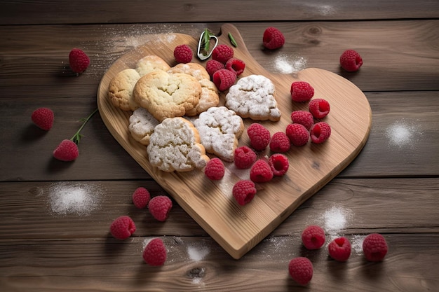 Biscotti fatti a mano con lamponi su fondo in legno IA generativa