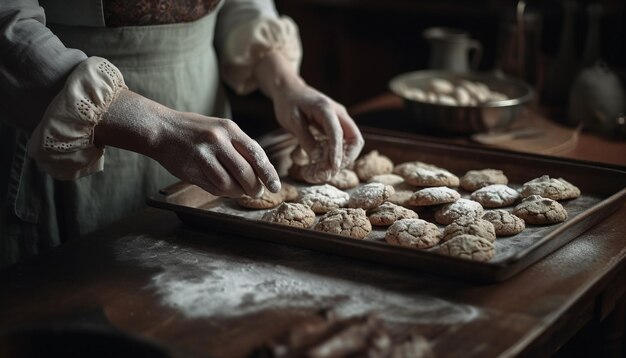 Biscotti fatti a mano cotti in una cucina domestica rustica generata da AI